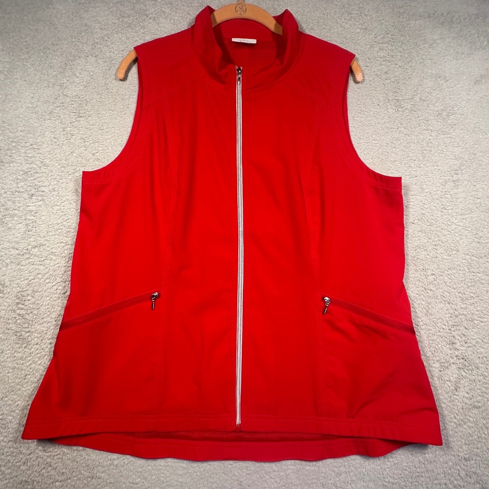 J.Jill Fit Vest Womens Large Petite Red‎ Full Zip Mock Neck Active Pockets FLAW